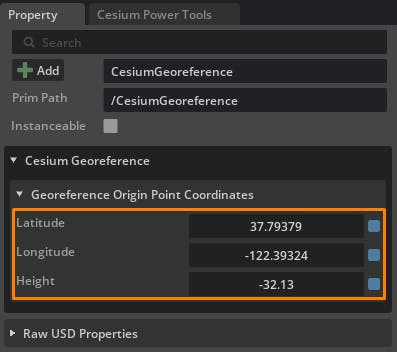 Cesium for Omniverse McNeel Rhino tutorial: In the Property window, enter the latitude, longitude, and elevation obtained from the Rhino Python script. 